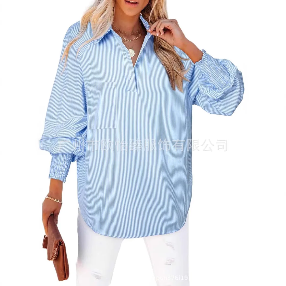 Gestreifte Smok-Henley-Bluse mit langen Ärmeln für Frühling und Sommer