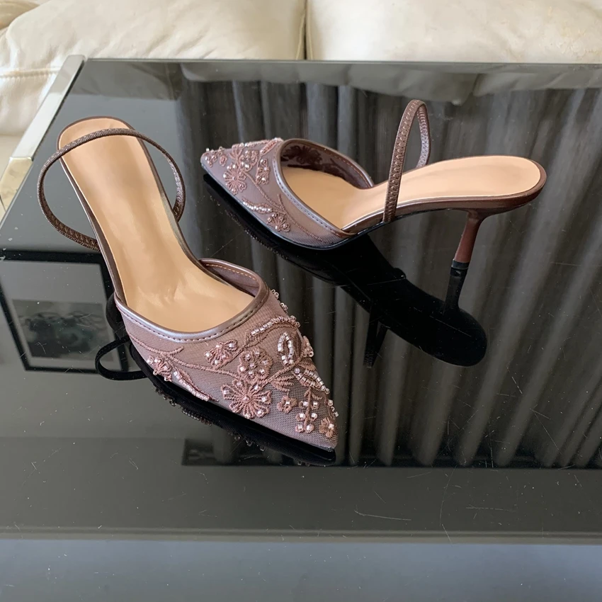 Summer Pointed Toe Mesh Embroider High Heels for ladies Elegant String Bead pumps Sexy Luxury Designer Shoe Brown Heeled Sandals view 3