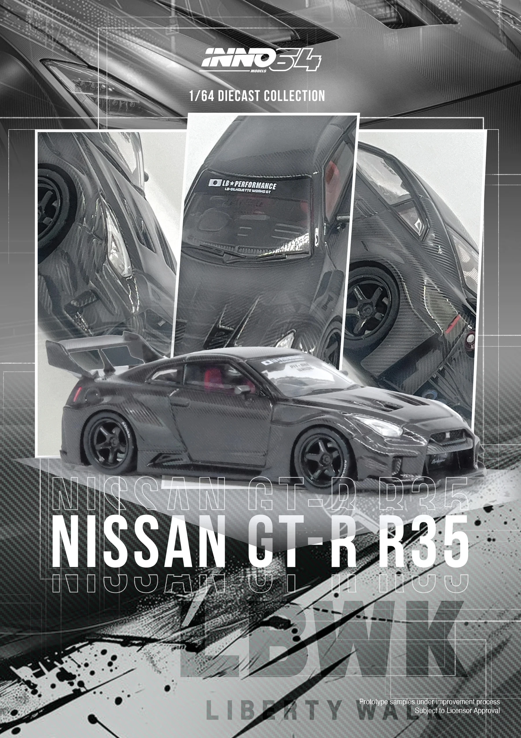 

In Stock Ready To Ship INNO64 1:64 LB-Silhouette WORKS GT Nissan 35GT-RR (R35) Full Carbon Black Diecast Car Model