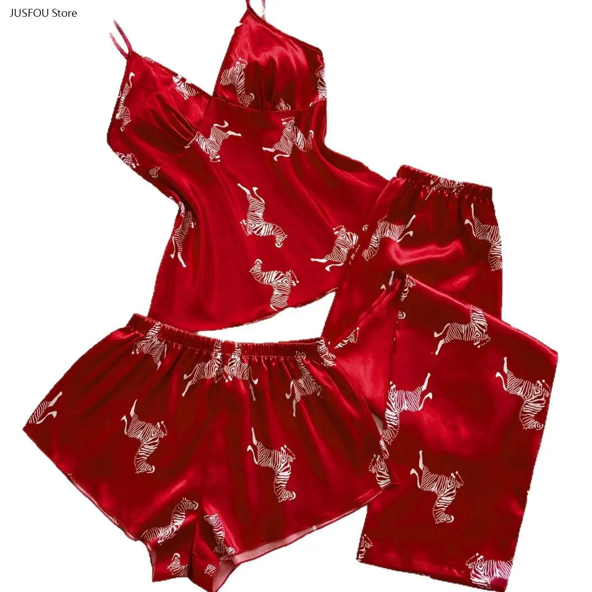 Women Printed Top Pajama Set Sleeveless Soft Loose Loungewear Camisole Long Pants & Shorts Homewear for Daily Household Wear 5