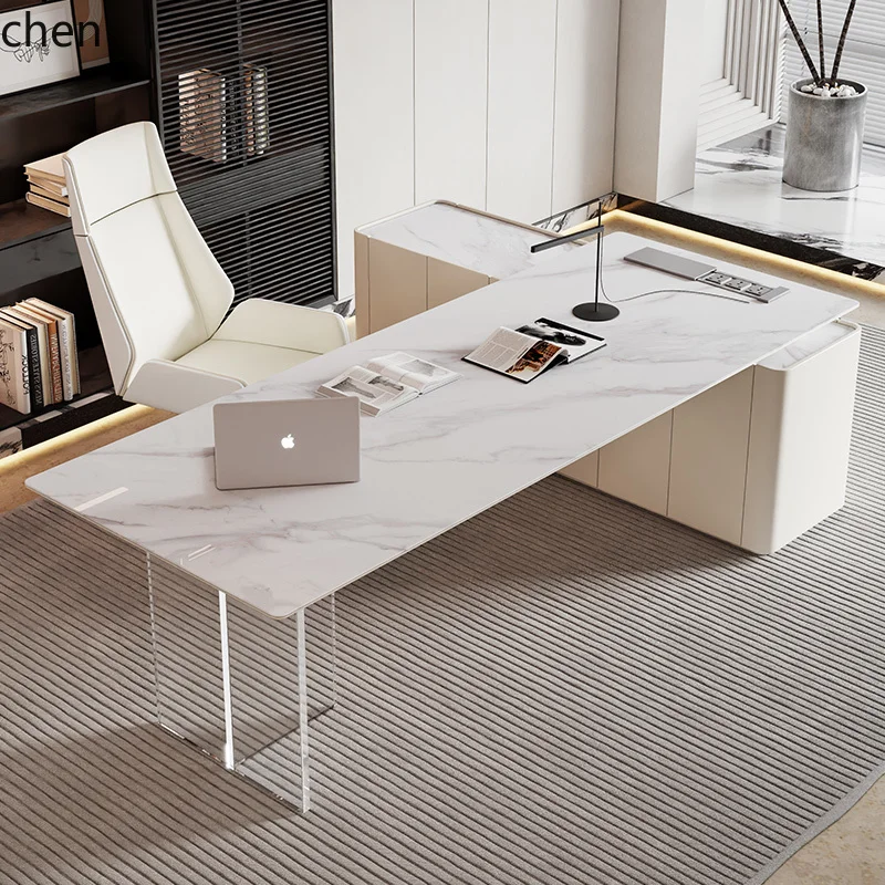 

HTT rock slab light luxury corner large desk suspension retractable writing desk study advanced inductive computer desk