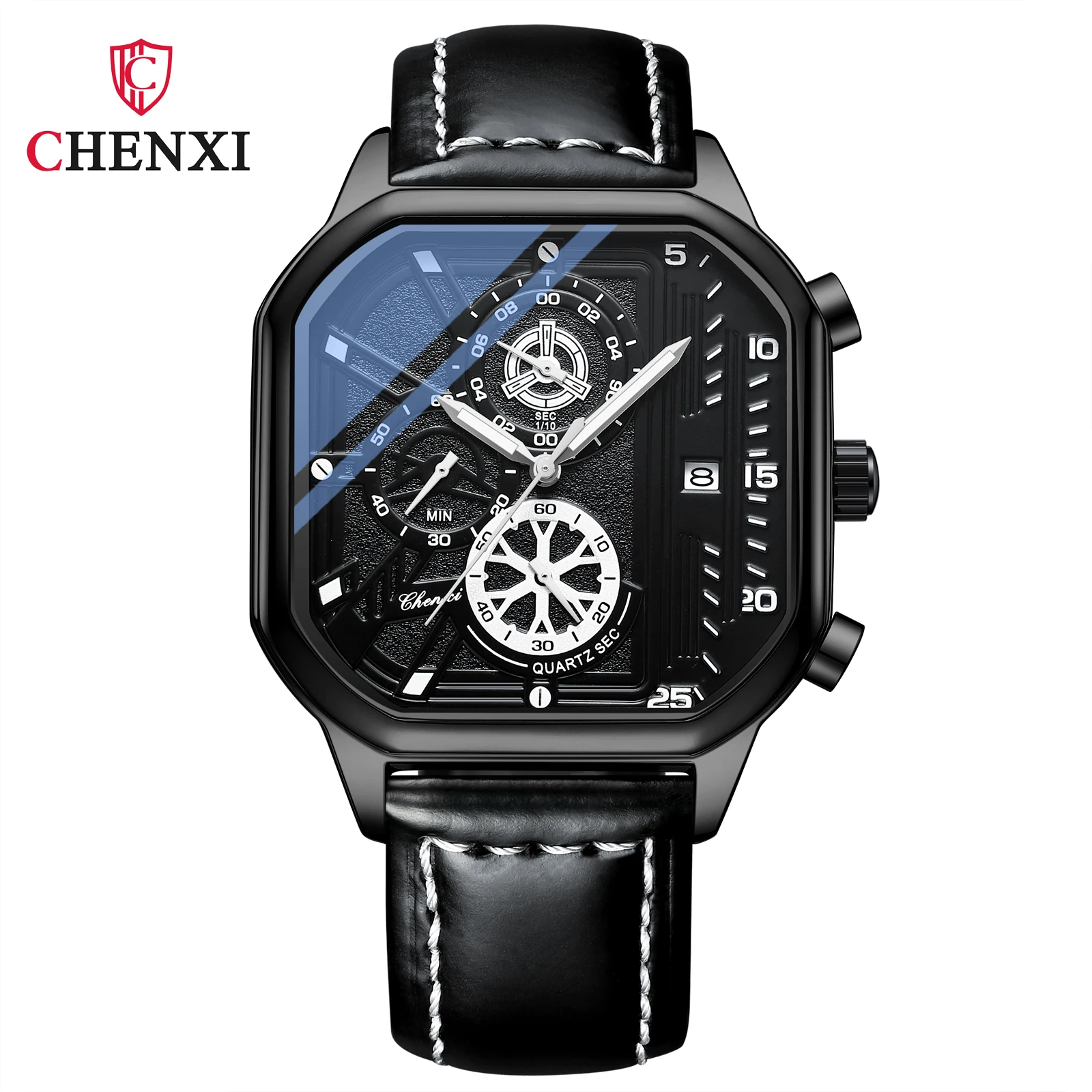 Mens Watch CHENXI Luxury Brand Chronograph Leather Square Quartz Wristwatch Fashion Waterproof Calendar Luminous Watches For Man