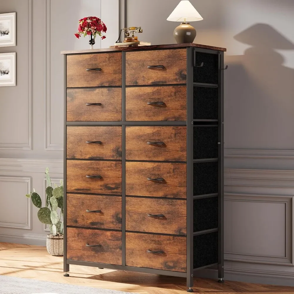 

Dresser for Bedroom, 12 Drawers with Wooden Top, Fabric Bins, Hooks and Metal Frame, Tall Chest of Drawers for Living Room