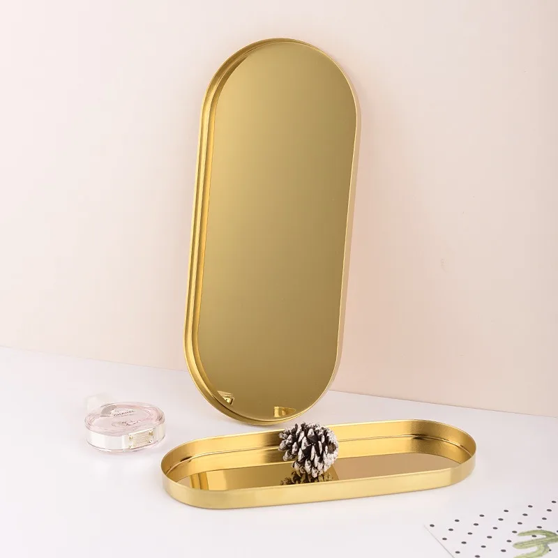 Stainless Steel Storage Tray Golden Oval  Light Luxury Jewelry Cosmetic Storage Plate Swing Home Decoration