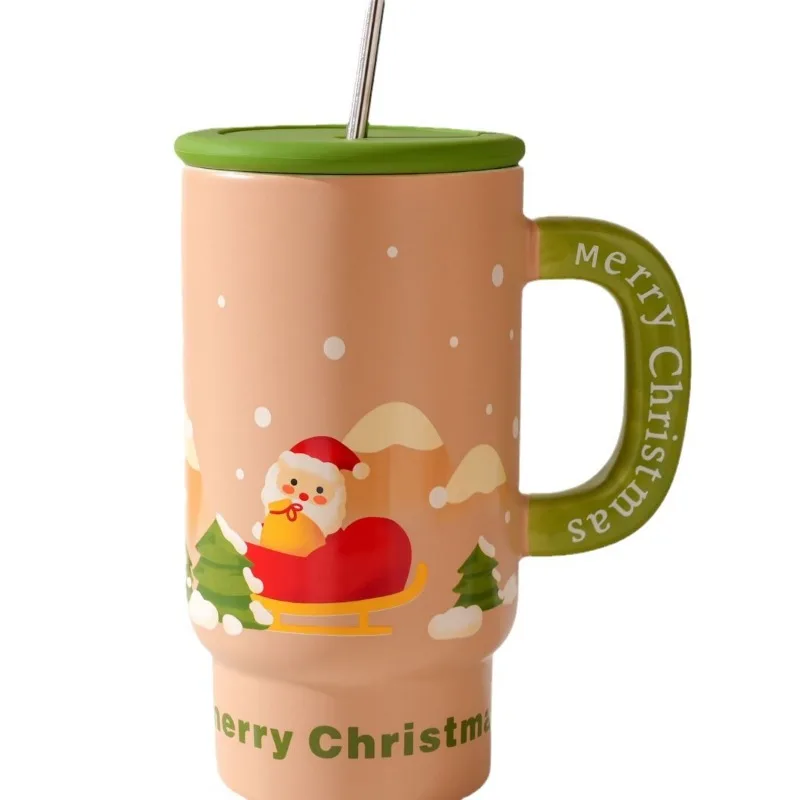 Creative Large Capacity Christmas Ceramic Cup with Lid Straw Cup for Home Use High-value Mug