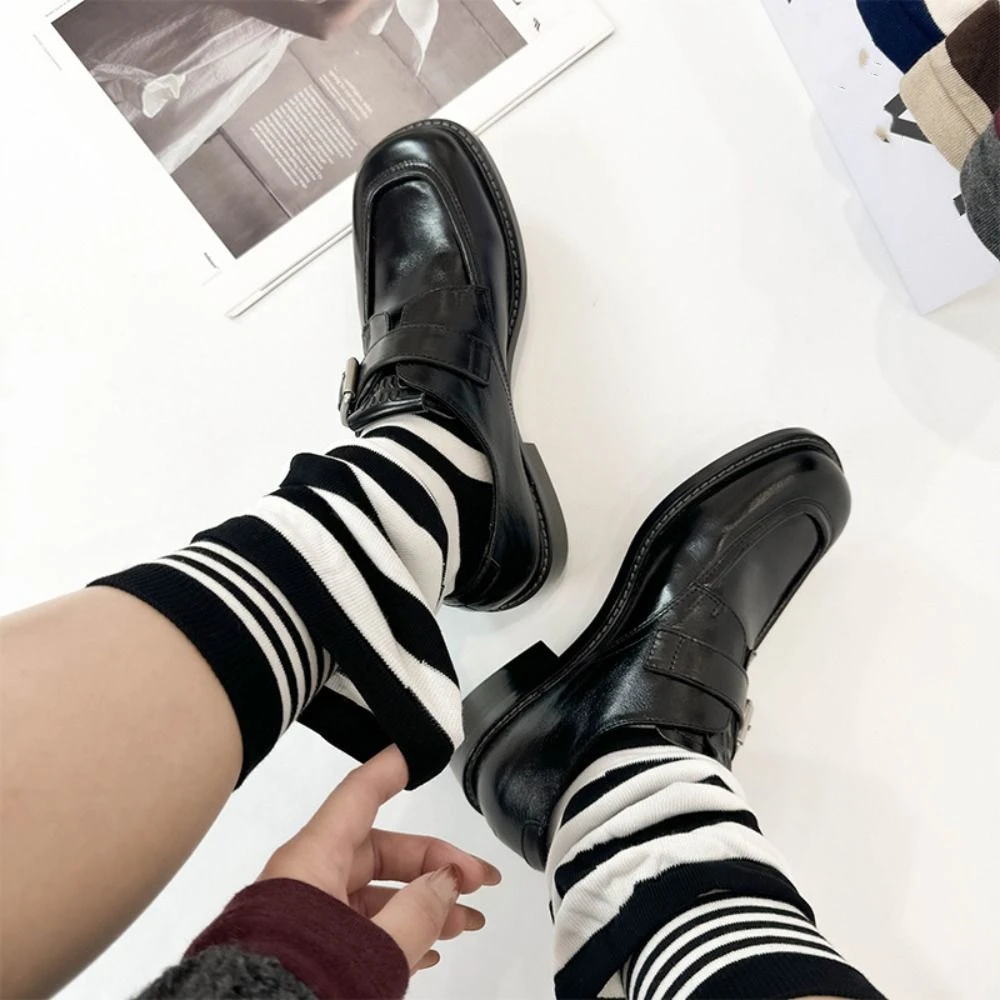 Breathable Fake Two Piece Cotton Socks Loose Plush Edge Mid Calf Socks Patchwork Warm Ruffle Stripe Stocking Girls