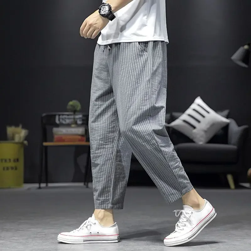 Men's Clothing Loose Spring Summer Thin Elastic Waist Pockets Striped Simplicity Handsome Casual Comfortable Pants JJ135