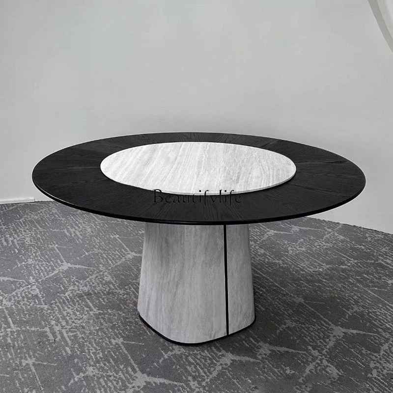 

09 Italian Minimalist Natural Stone Large Round Dining Table and Chairs Modern Simple High-end