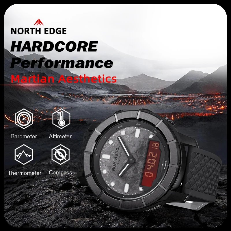 Мужские цифровые часы NORTH EDGE THARSIS с альтиметром, барометром, компасом, корпусом из карбона, спортивные часы для активного отдыха, кварцевые часы, водонепроницаемость 5ATM