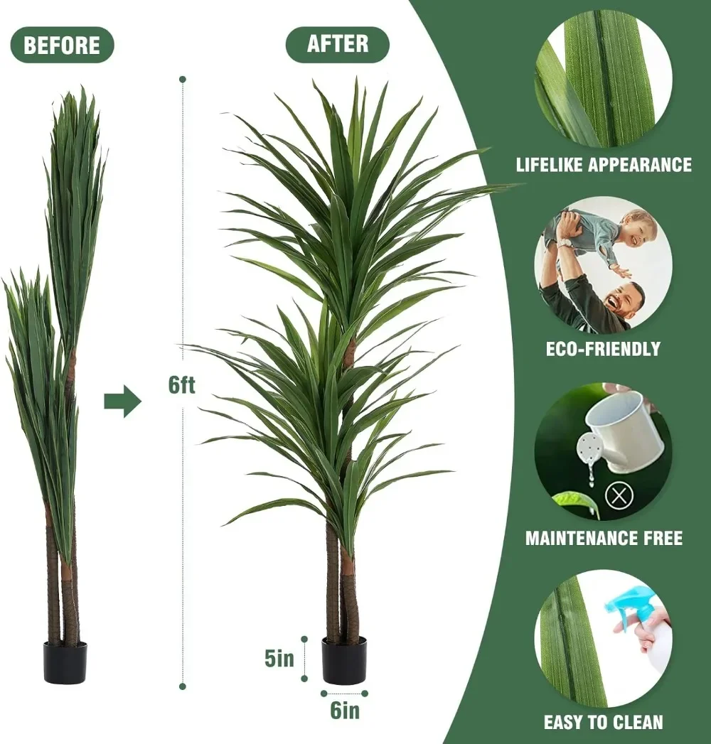 Dracaena Silk Plant Corn Stalk 6ft Tall Faux Plants Indoor Large Fake Plants Potted Yucca Tree Tropical Floor Plants Artificial