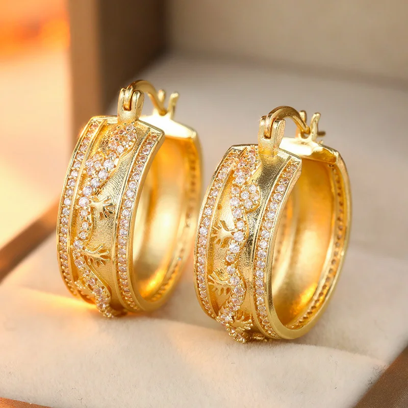 Classic Golden Plated Hoop Earrings Inlaid White Zircon Surrounding Light Luxury Design Earrings Women's Personalized Jewelry