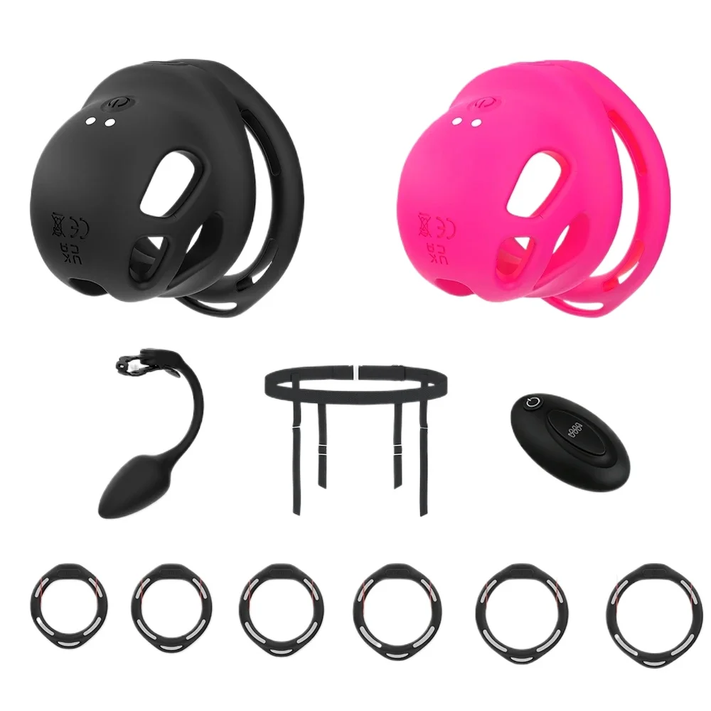 Silicone Vibrating Chastity Cage With Anal Plug Vibrator Remote Control Adult Sex Toy for Men Urethral Lock 6 Size Penis Ring