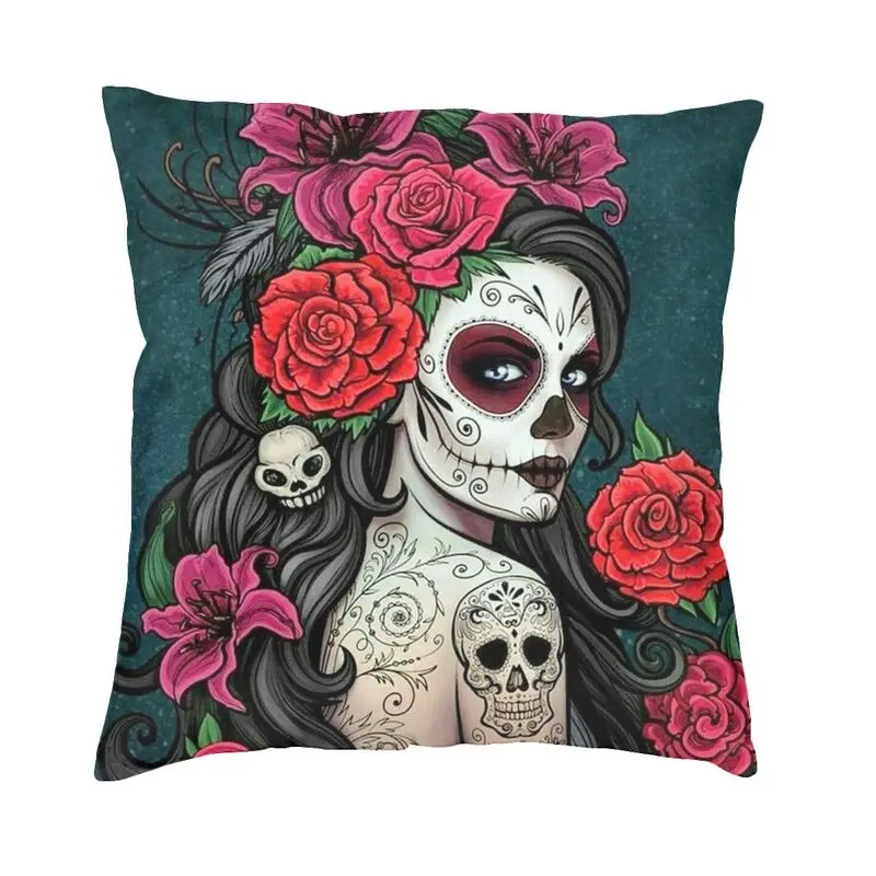 

Luxury Day Of The Dead Sugar Skull Throw Pillow Case Home Decorative Square Mexican Girl Cushion Cover 40x40cm Pillowcover