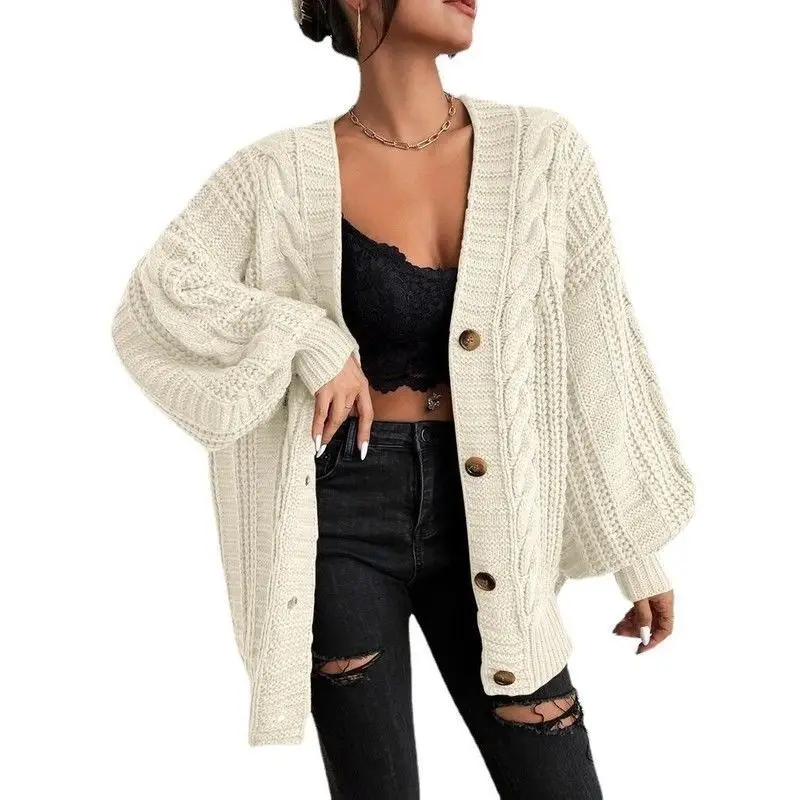 

Knitted Sweater Women Cardigans New Long Sleeve V-Neck White Knit Sweater Cardigan Women Tops Knitwears Sueters De Mujer Q1176