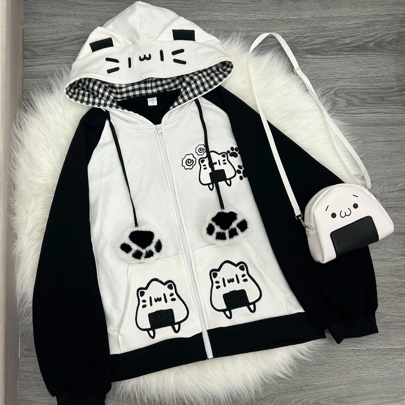 

Y2k Kawaii Hoodies Women Patchwork Contrast Cat Hoodies Aesthetic Cute Loose Casual Sweatshirts Japanese Girls Plaid Coats 2025