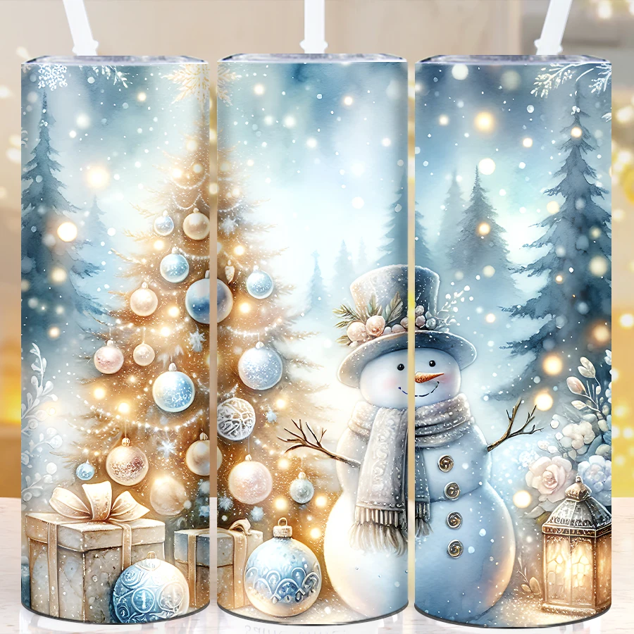 1Pc Christmas Water Mugs Straw Lid  20oz Stainless Steel Hot Cold Insulated Tumbler 3D Print Snowman Christmas Party Xmas Decors