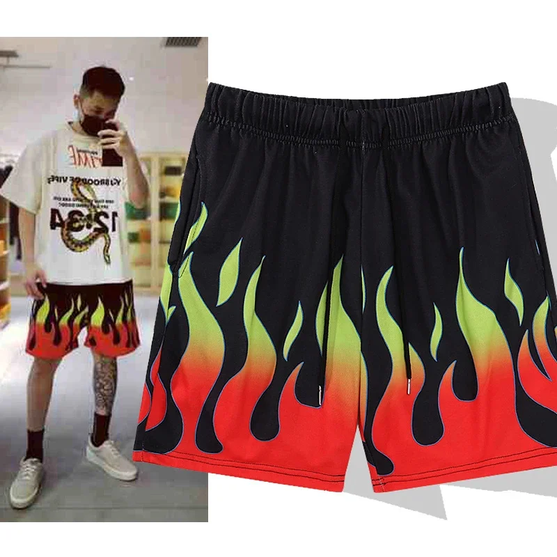 

Шорты с желтым и красным пламенем для мужчин и женщин, трикотажные удобные бриджи, уличная одежда с граффити, спортивные шорты