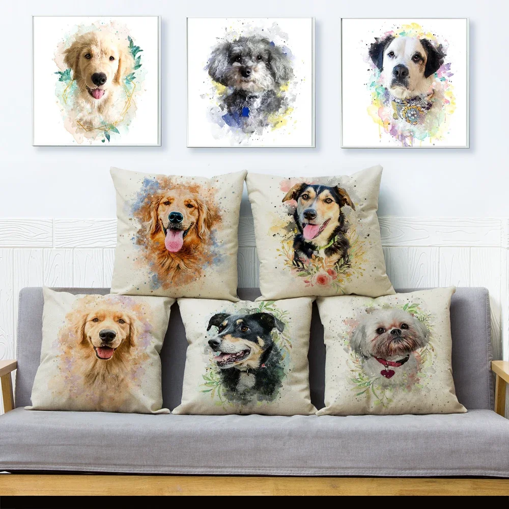 

50 Style Watercolor Cute Dog Cushion Cover Decor Lovely Pet Animal Pillowcase Polyester Pillow Case for Sofa Home Car 45x45cm