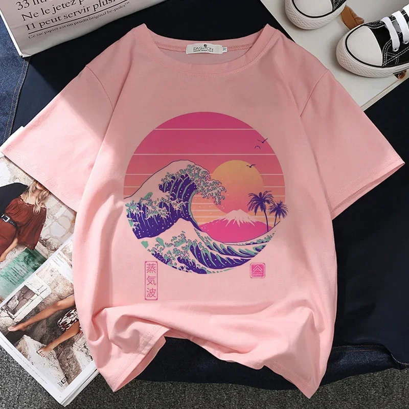 

Mountain Waves Sunset Graphic Print T-shirt Women Harajuku Aesthetic Japan Style Tshirt Vintage Fashion Pink Tops Female T Shirt