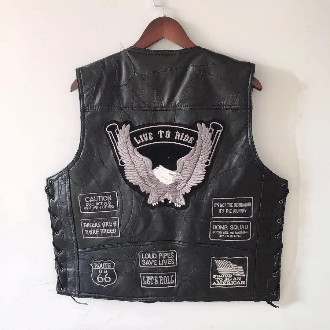 

S-4XL Motorcycle Style American Classic Motorcycle Riding Leather Vest For Men's Camisole Embroidered Badge Design