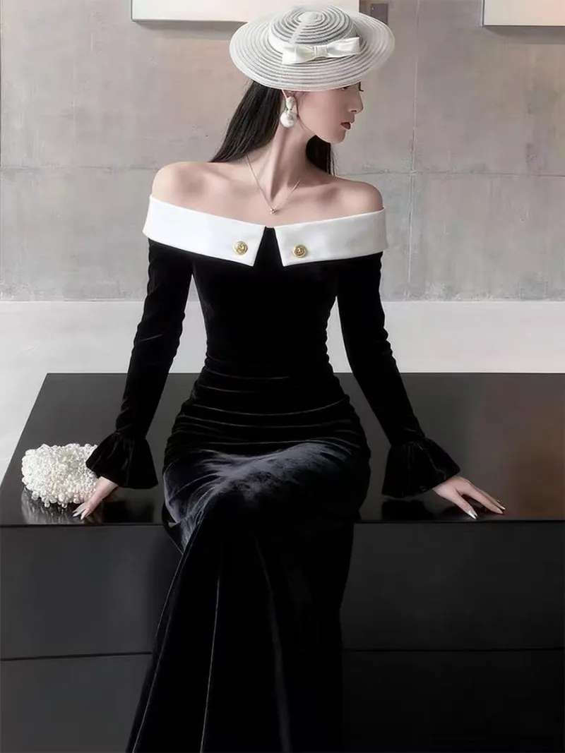 新しいヘップバーンスタイル秋ベルベットドレス女性エレガントなスラッシュネックオフショルダー長袖コントラストカラーパーティードレスvestidos