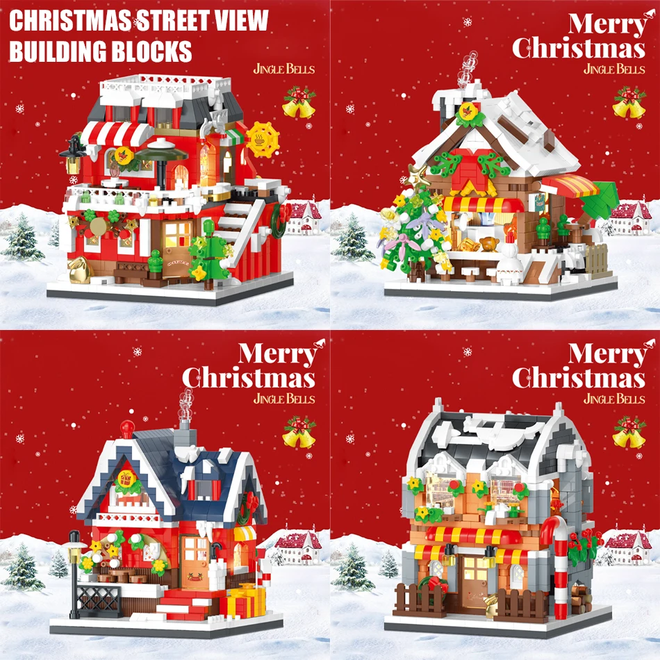 City Christmas Coffee Candy House Gift Shop Bookstore Street View Building Blocks with LED Light Micro Bricks Toys for Kids Gift