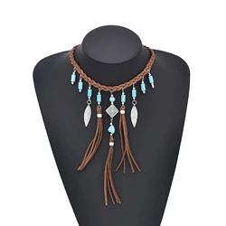 Retro Brown Leather Rope Woven India Necklace Red Blue Acrylic Bead Leaf Tassel Choker Necklaces Ethnic Tribal Statement Jewelry