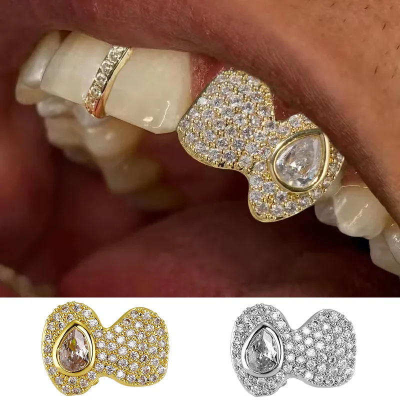 Double Full Iced Out CZ Stones Teeth Grillz Hip Hop Shiny Zircon Tooth Caps For Women Men Jewelry Fangs Dental Grills