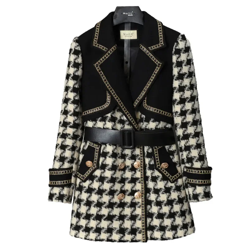 

2024 Woolen Coat Women Winter New Double-Breasted Mid-Long Plaid Woolen Trench Coat Fashion Pocket Belt Overcoat Outwear Female