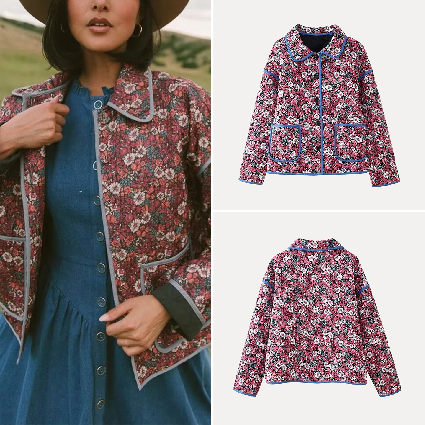 

Women's Casual Long Sve Floral Print Cotton Jaet Turn-down Collar Commute Sle Regular Fit Single Button Closure