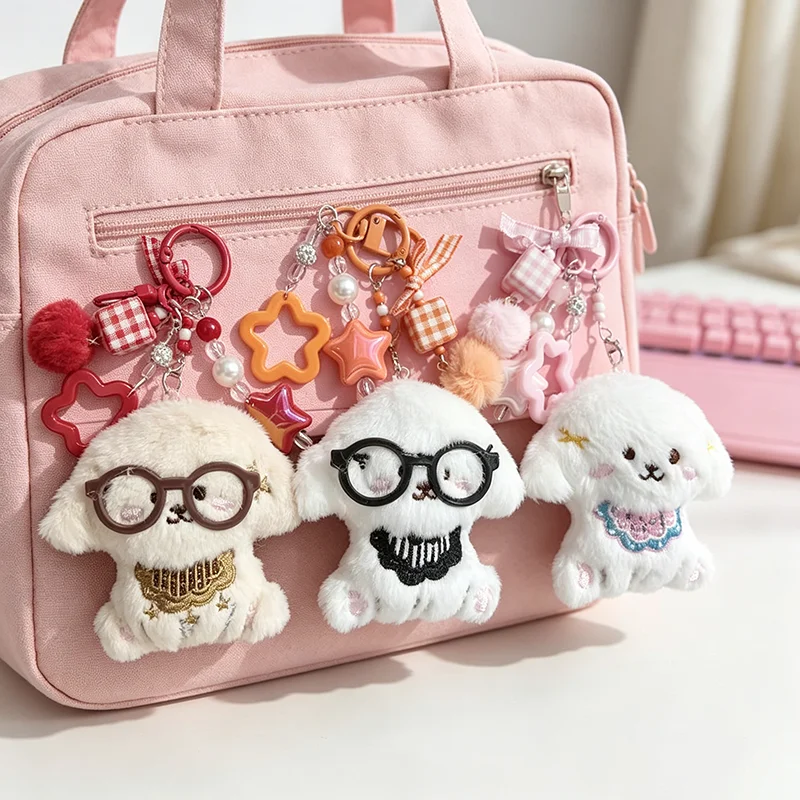 Kawaii Fluffy Puppy Plush Keychain Cute Cartoon Dog Bag Charms Star Bead Bowknot Pendant Backpack Car Key Holder Aesthetic Gift