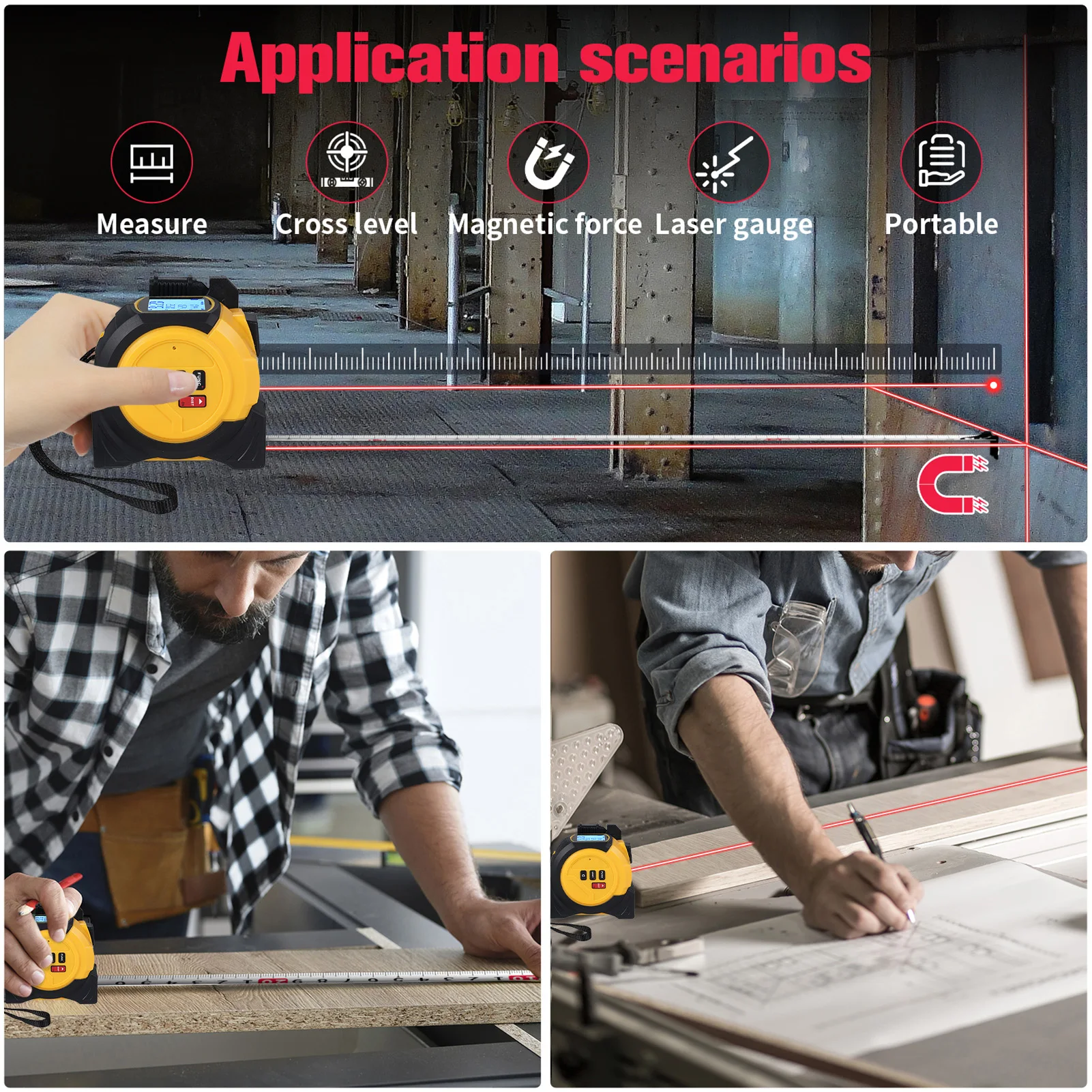 Laser Tape Measure 3in1 Laser Measure Level-5M Tape Measure with Pythagorean Area Volume Measurement M/ft/in Unit