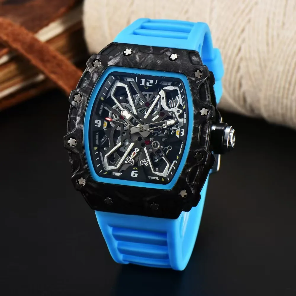 

Men's Square Black Skeleton Dial Watch Carbon Fiber Design Quartz Movement Blue Silicone Strap with Luminous Markers Sporty Look