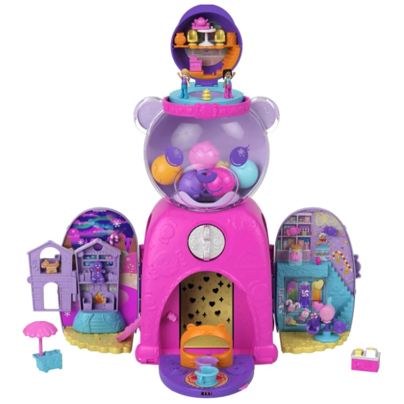 Polly Pocket Travel Toy, Gumball Bear Playset with 2 Micro Dolls & 26 Surprise Accessories Toys Holiday Gifts for Children