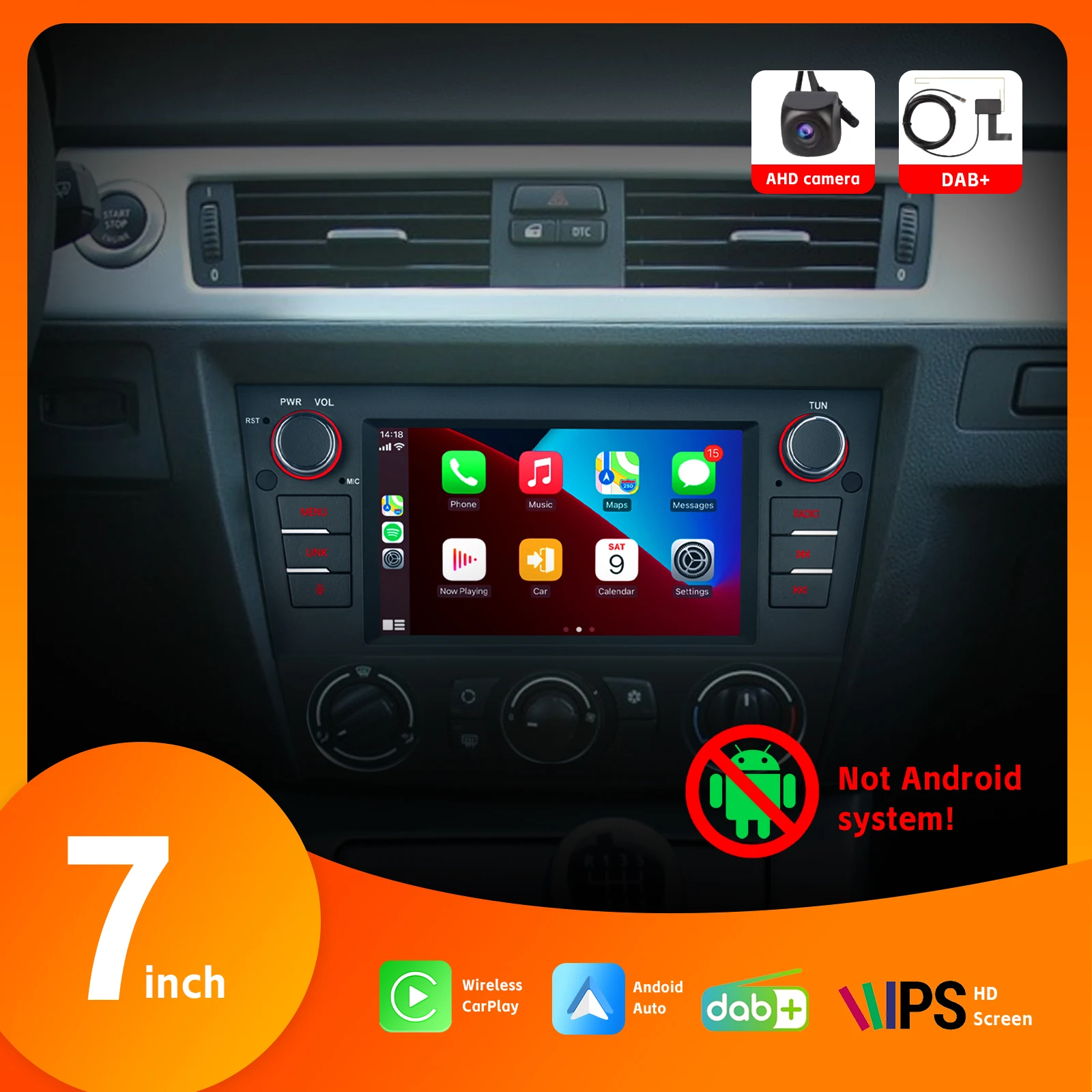 

7" Car Radio with Wireless Carplay Android Auto for BMW 3 series E90 E91 E92 E93 2005-2011 with IPS Touch Screen DAB+ AHD Camera