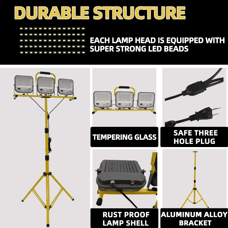 Portable Multifunctional LED Work Lights with Adjustable Telescoping Metal Tripod Bracket for Construction site industry