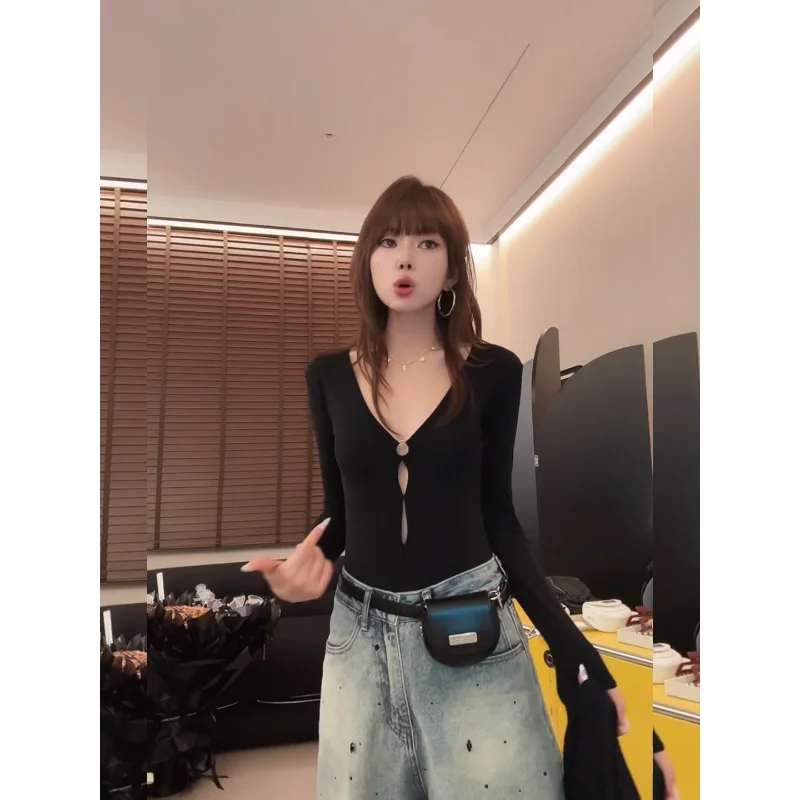 

Unique 2025V-Ne Hollow out Long Sve One-Piece Bla Slimming Top Sexy Small-Batch Trendy Girl Polyester Fiber High Waist