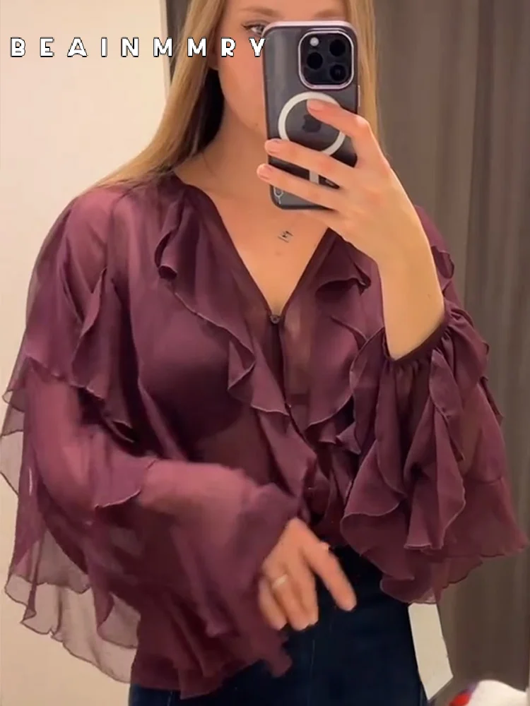 Casual V Neck Solid Ruffle Thin Chiffon Shirts New Women's High Street Long Sleeved Tops 2025 Spring Office Commuting Blouse