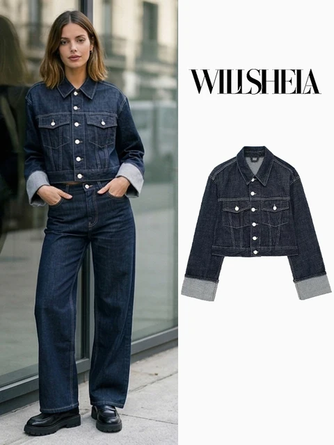 Willshela moda damska z kieszeniami Denim niebieskie kurtki jednorzędowe Vintage klapa pod szyją długie rękawy kobiece eleganckie stroje damskie