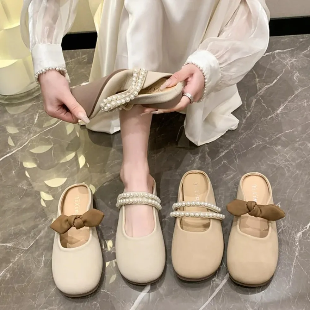 

Fashion Bowknot Pearl Flat Bottom Baotou Half Slippers Women New 2024 Summer Shallow Mouth Mary Jane Single Shoes Casual Slides