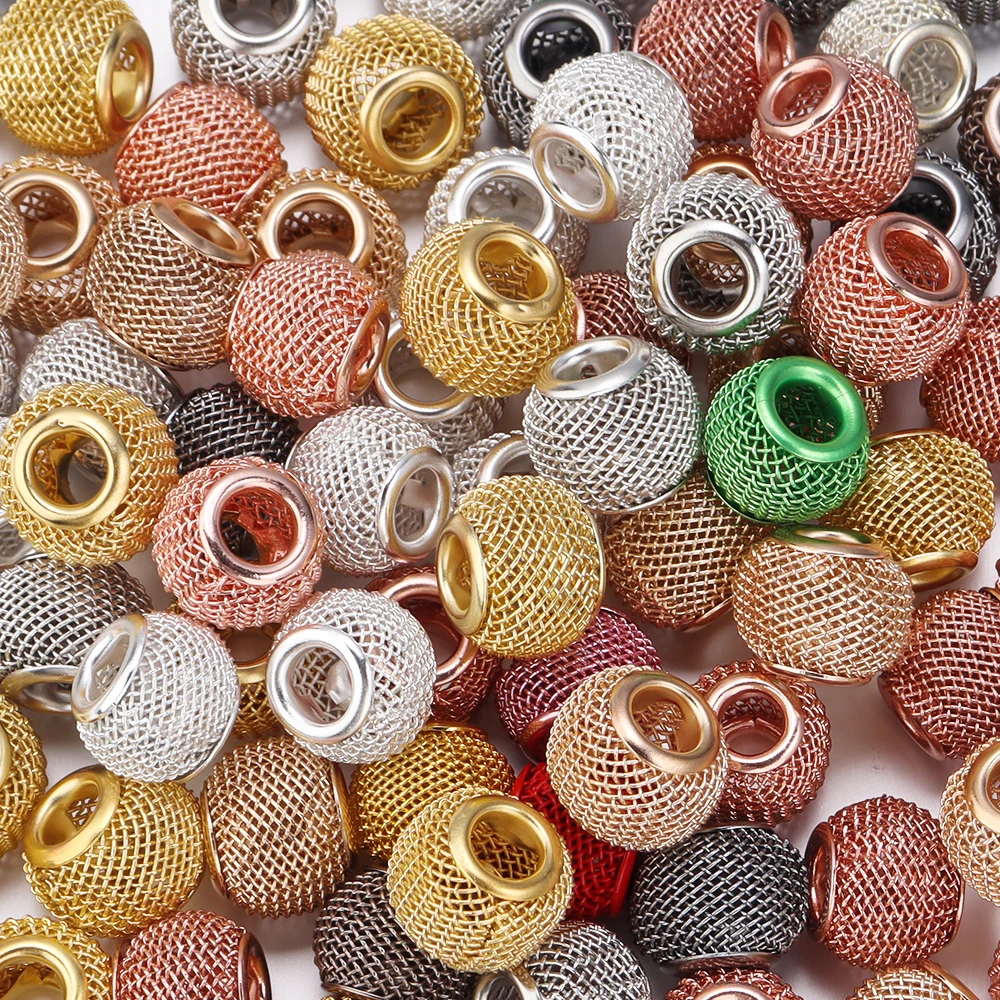 10pcs/lot 10x12mm Big Hole Round Ball Metal Beads Mesh Net Loose Spacer Beads For DIY Jewelry Making Bracelet Necklace Supplies