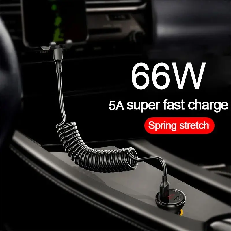 PD66W 5A Double USB-C To Type C  Fast Charging Spring Data Cable Telescopic Car Charger Cord For Samsung Huawei  Xiaomi Macbook