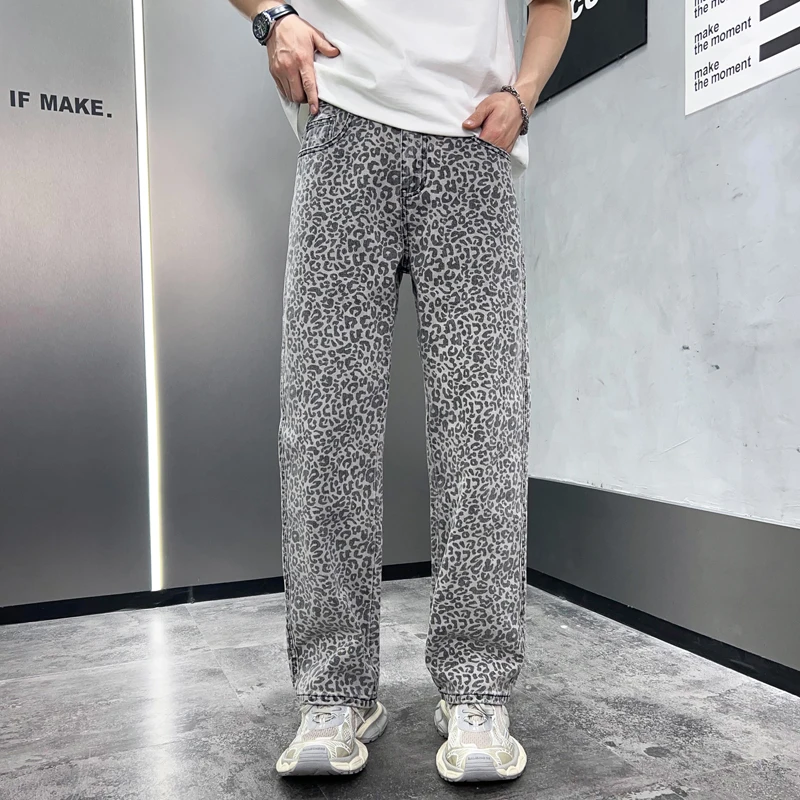 

2024New Leopard Print Jeans Men's High-End Trend Fashion Street Personality Party Casual Loose Straight-Leg Wide-Leg Pants