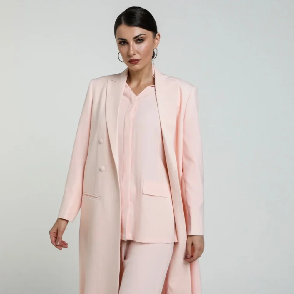 Summer Pink X-Long Women Jacket Fashion Peak Lapel Double Breasted Female Coat Simple Basic Daily Smart Casual Jacket 1 Piece