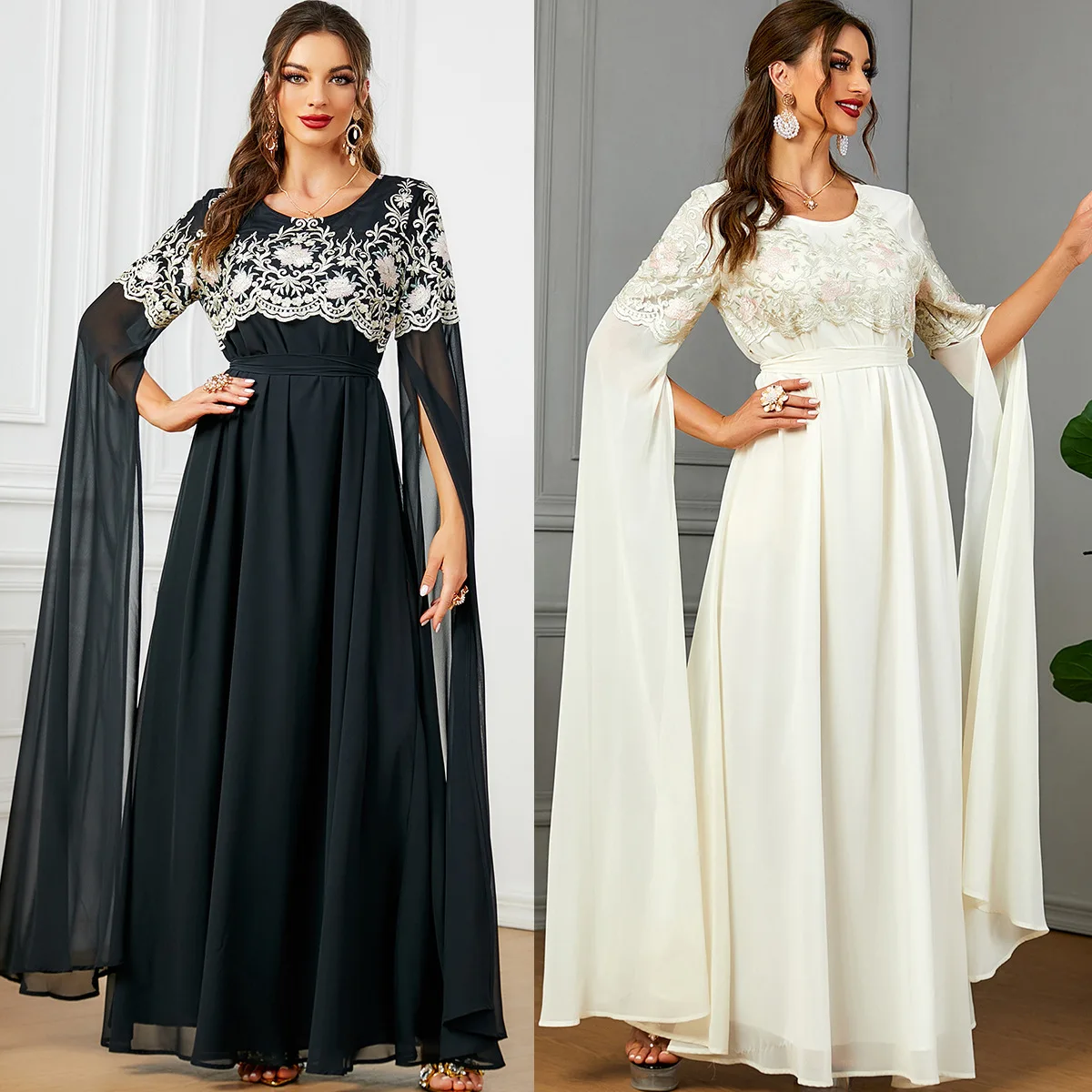 Women's Arabic Apparel 2024 Mesh Embroiled Dress Decal High Waisted Evening Gown With Flowing Long Sleeves Abaya Dubai Luxury