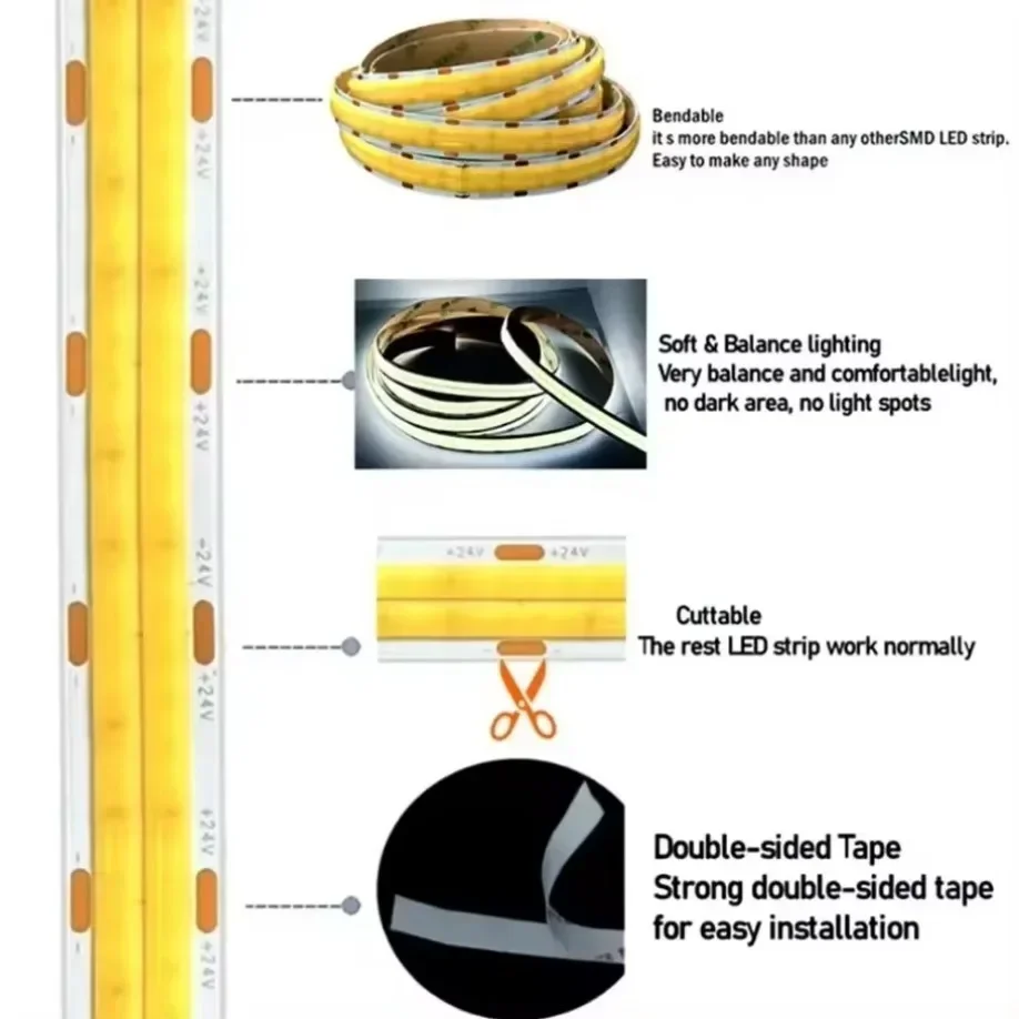 더블 로우 COB LED 스트립, 유연한 600LED/M 매우 밝은 고밀도 스트립, 조도 조절 LED 조명, 2000LM/M DC24V, 3000K 4000K 6500K