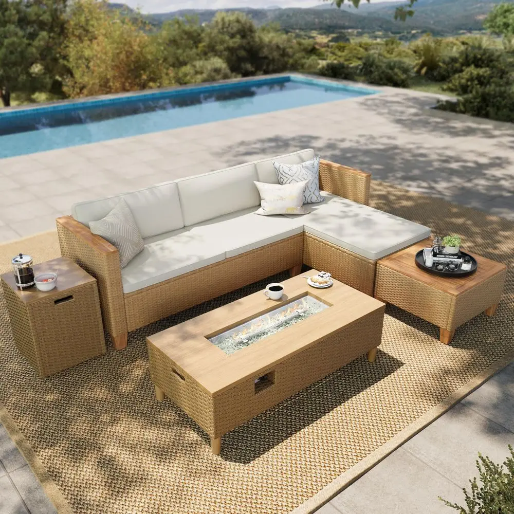 

HOUSE Small Patio Furniture Set with Fire Pit Table, 5 Pieces 4 Seats Wicker Outdoor Sectional Sets,Yellow Rattan Conversation