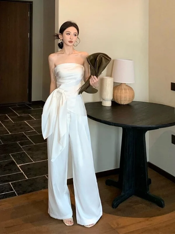 

Модный сексуальный женский укороченный топ без рукавов, лето 2025, широкие брюки, комплект из двух предметов, повседневный дизайн из полиэфирного волокна