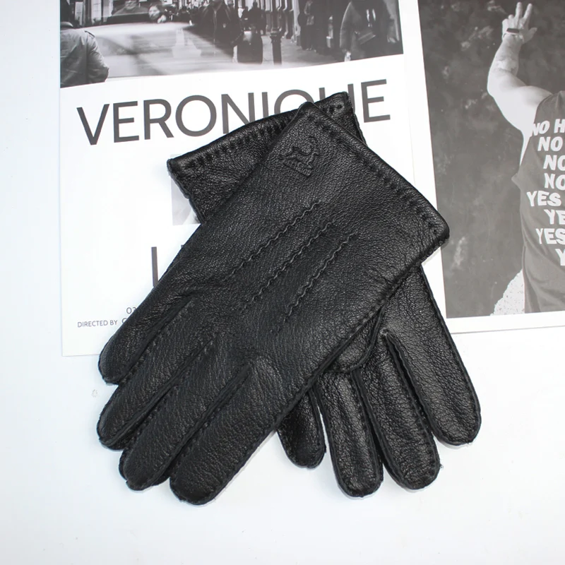 Guantes de piel de ciervo de alta calidad para hombre, protector de pantalla táctil, forro de punto de lana cálida, cosido a mano, cuero corrugado elegante, guantes de conducción