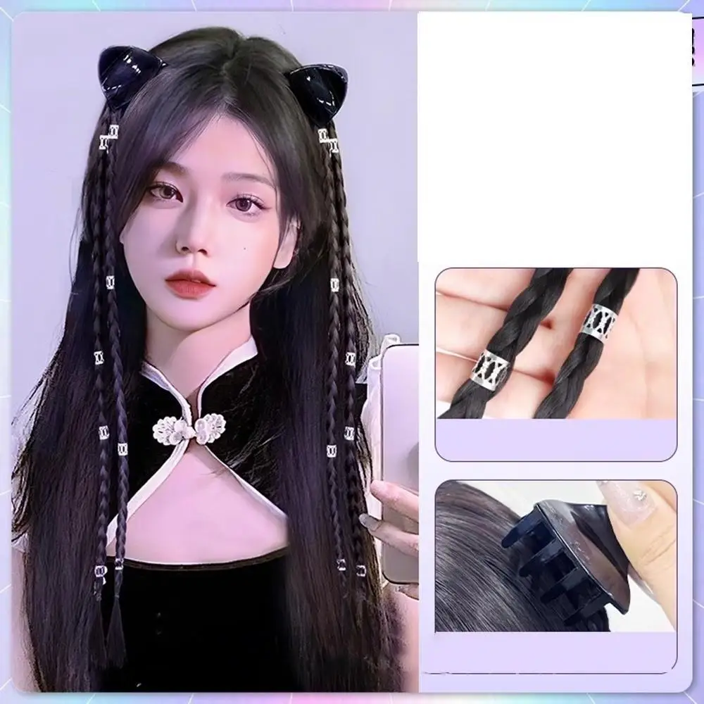 1 Pair Y2K Cat Ear  Synthetic Wig Braid Sweet Cool Girls Simulation Grab Clip Twist Double Ponytail Hair Extensions